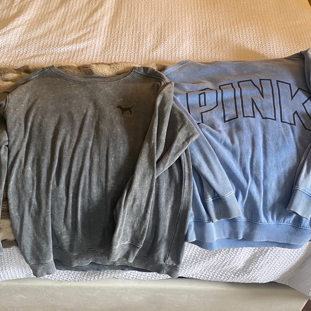 PINK Victoria's Secret Gray and Blue Crewneck Sweaters